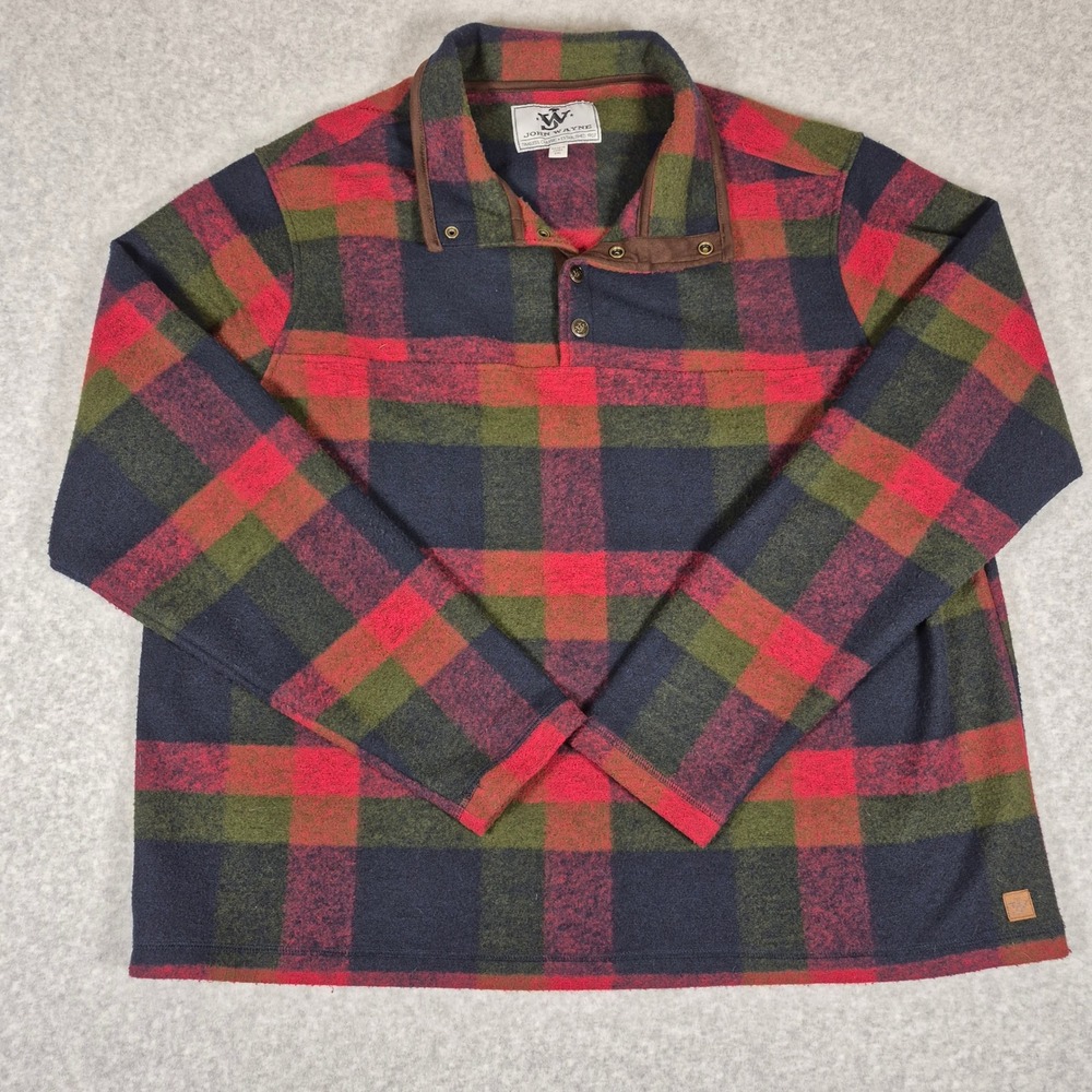 John Wayne Fleece Pullover Mens 2XL Multi Plaid Snap Mock Neck Faux Suede Trim